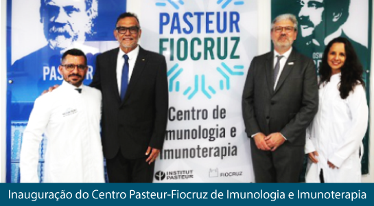 Imagem da inauguração do Centro de Imunologia e Imunoterapia Fiocruz Pasteur exibindo representanes da Fiocruz e do Instituto Pasteur, um deles o presidente da Fiocruz em 2024, Mário Moreira.